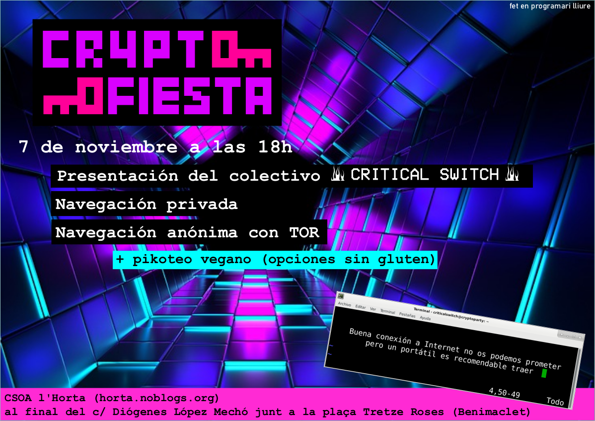 Cartell de la CryptoFesta amb tallers de navegació privada i anònima