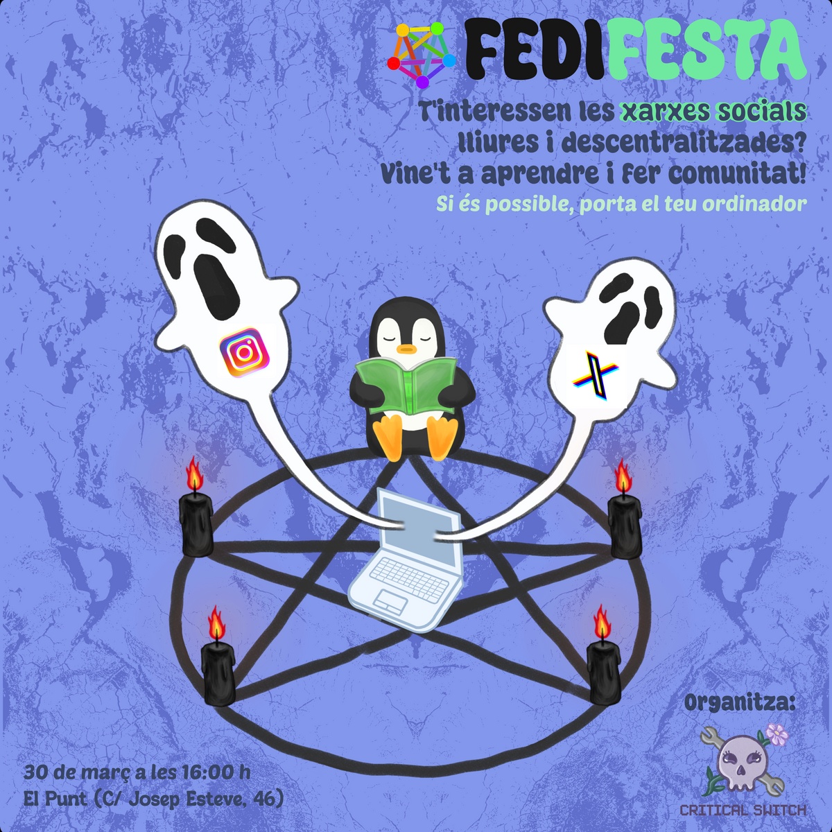 Poster of  de la fedifiesta de València del 30 de marzo en El Punt. En el cartel dice “¿te interesan las redes sociales libres y descentralizadas? ¡Ven a aprender y hacer comunidad!
