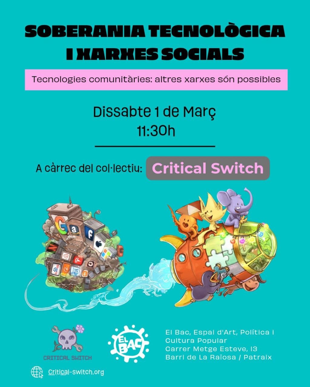 Cartel de la fedifiesta de València del 1 de marzo en El BAC. En el cartel dice “Soberanía tecnológica y redes sociales: tecnologías comunitarias, otras redes son posibles”